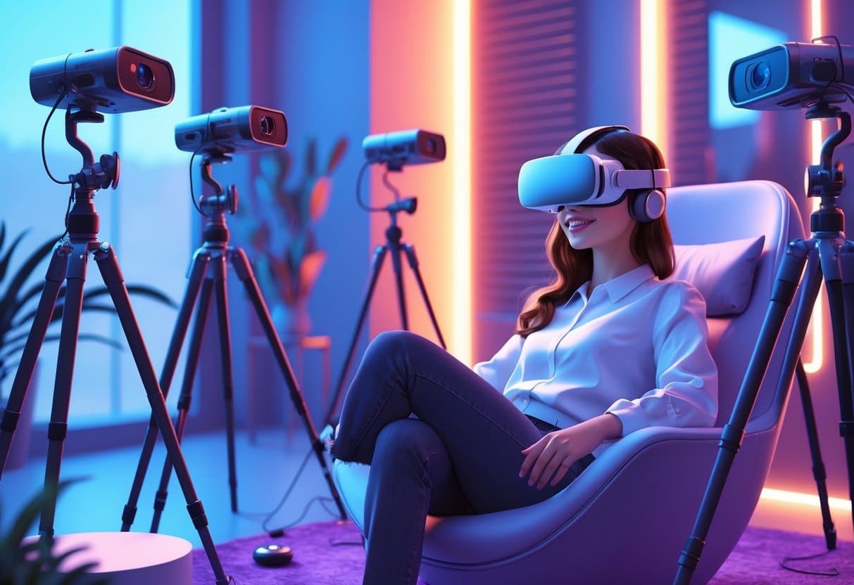 Young woman in a home studio with VR Cam Girl headset and streaming gear, prepping for virtual reality cam session.