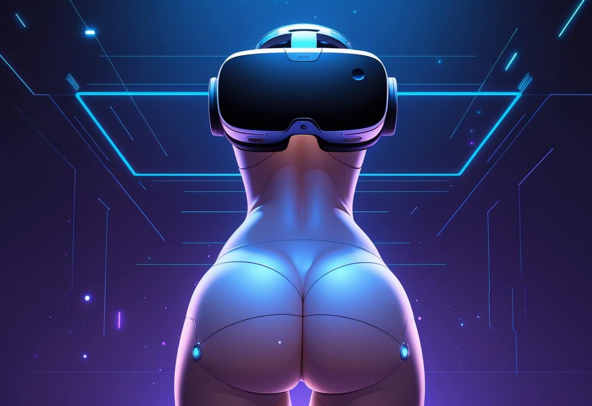 Adults wearing VR headsets and gloves, immersed in colorful virtual reality environment, exploring different types of VR anal porn experiences