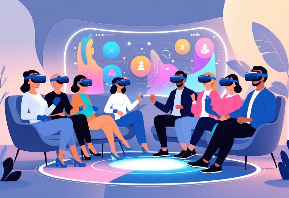 Futuristic virtual reality headset floating above abstract human figure's lower back and hips, glowing digital elements, immersive VR anal porn experience