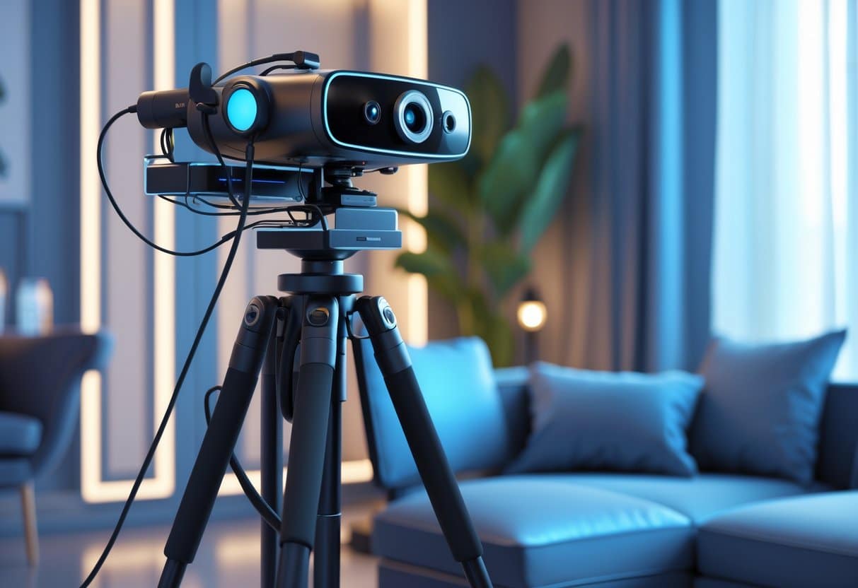 A futuristic VR camera setup on a tripod in a softly lit, stylish room with modern decor and plush furniture, perfect for Milf VR Cam experiences.