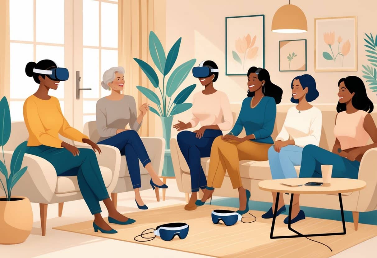 A group of mature women in a cozy living room, one wearing a VR headset while others chat nearby, with VR equipment visible on a table for Milf VR Cam session.