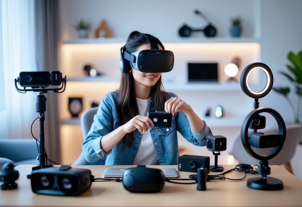 Woman arranging her VR Cam Girl streaming space, VR equipment and cameras in a modern, well-lit room.